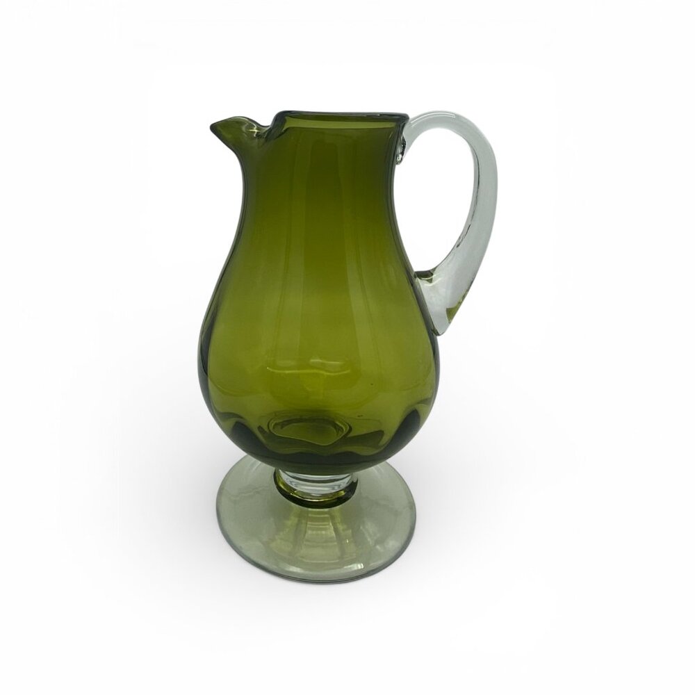 Vintage Avocado Green Art Glass Pitcher Pedestal Base Applied Handle MCM - Picture 3 of 11